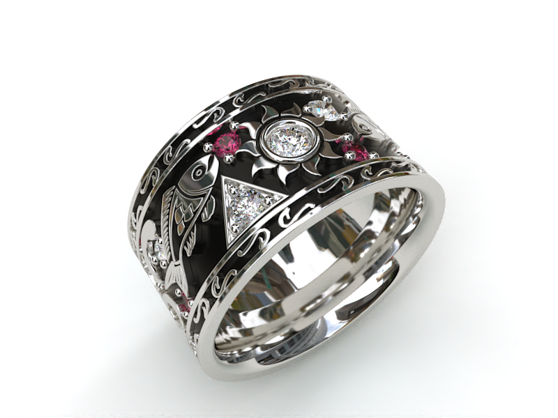 Polynesian Inspired Custom Band in 14kt White Gold with Rubies and Diamonds