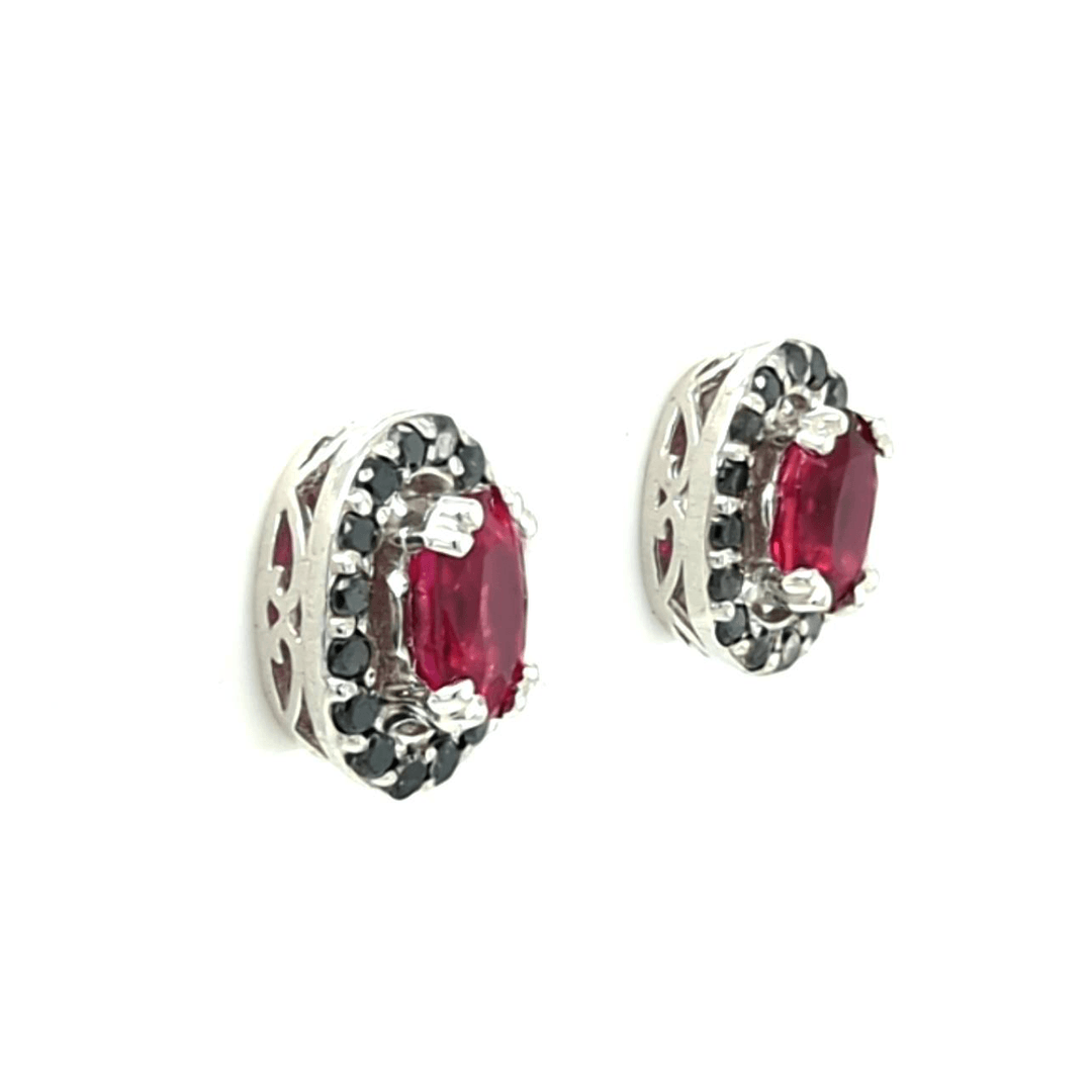 Ruby and Black Diamond Halo Stud Earrings in 14k White Gold - The Rutile Ltd