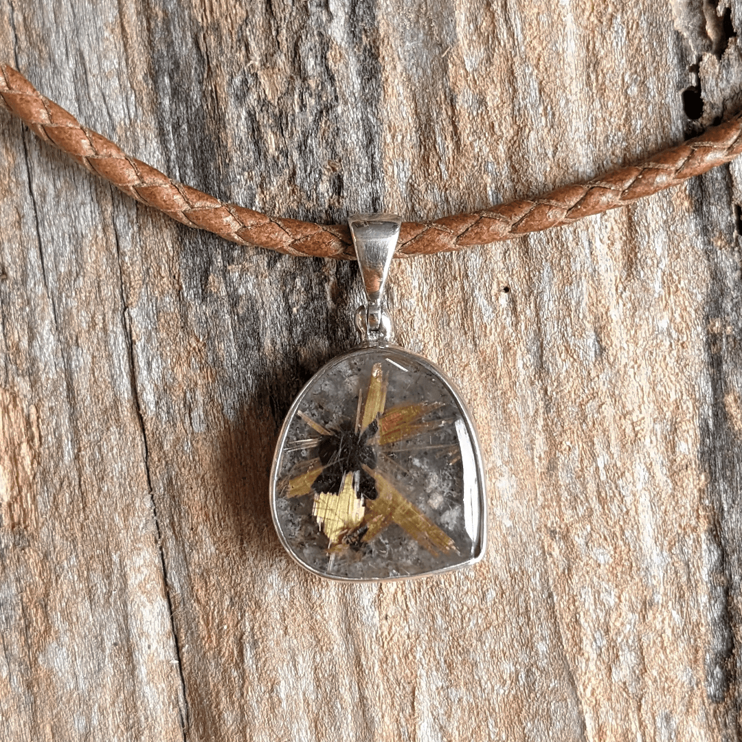 Rutilated Quartz Star Pendant in Sterling Silver on Leather Cord - The Rutile Ltd