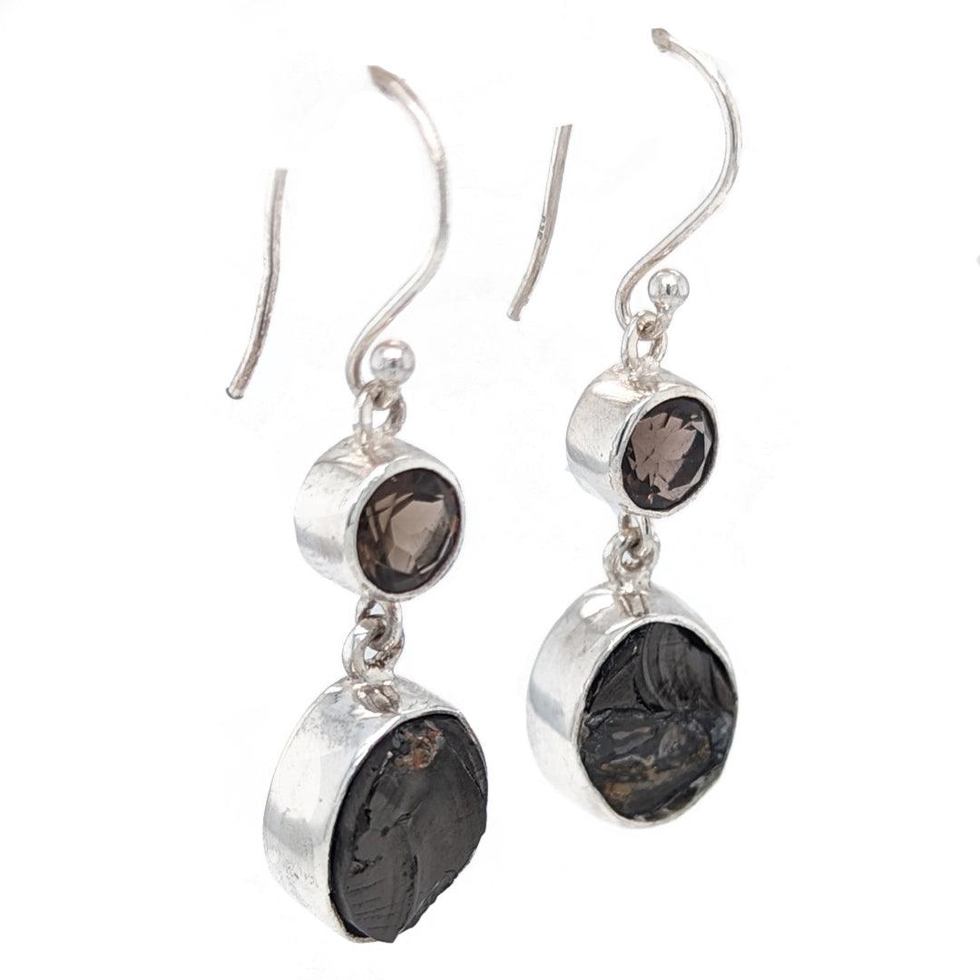 Shungite and Smokey Quartz Sterling Silver Dangle Earrings - The Rutile Ltd