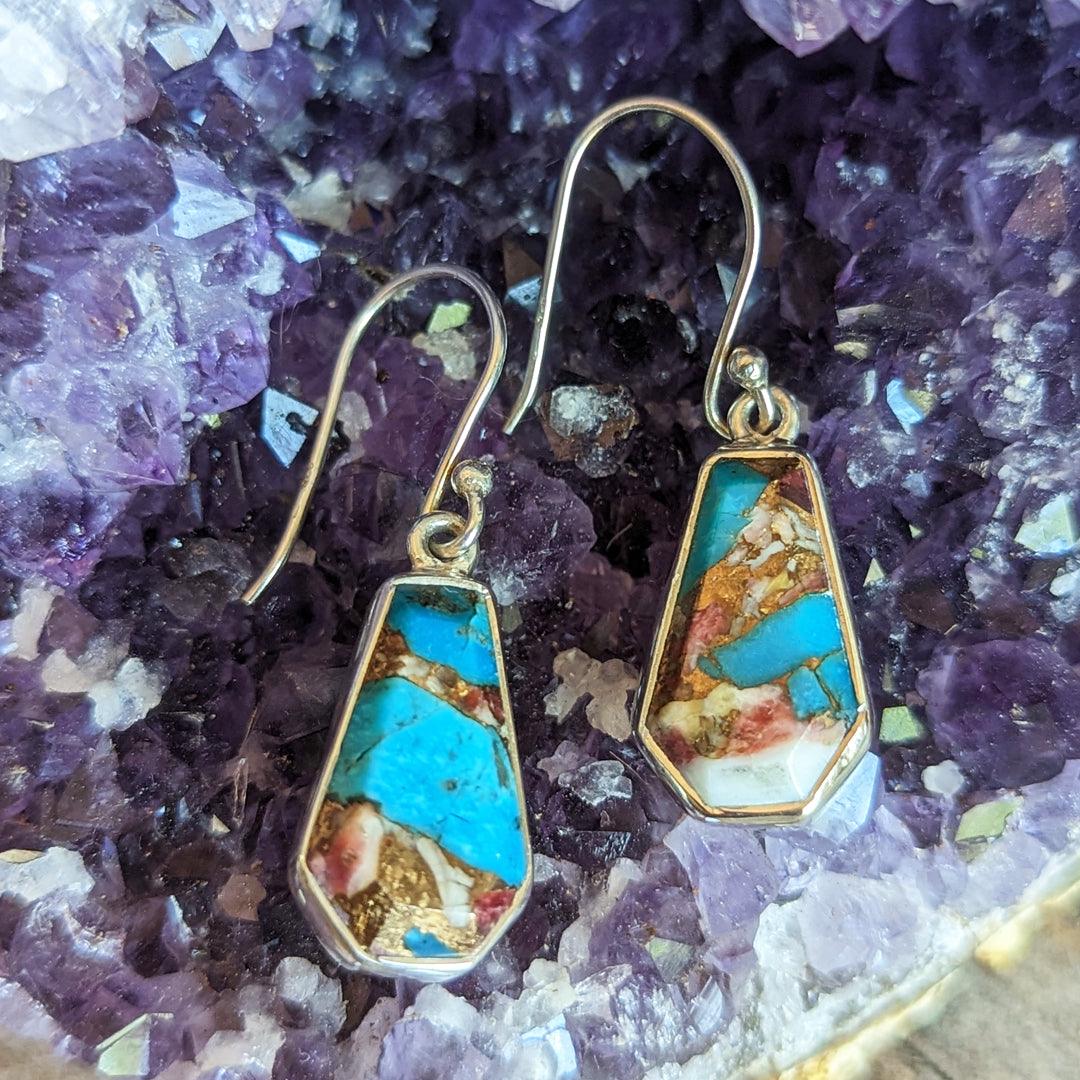 Turquoise and Red Oyster Dangle Earrings in Sterling Silver - The Rutile Ltd