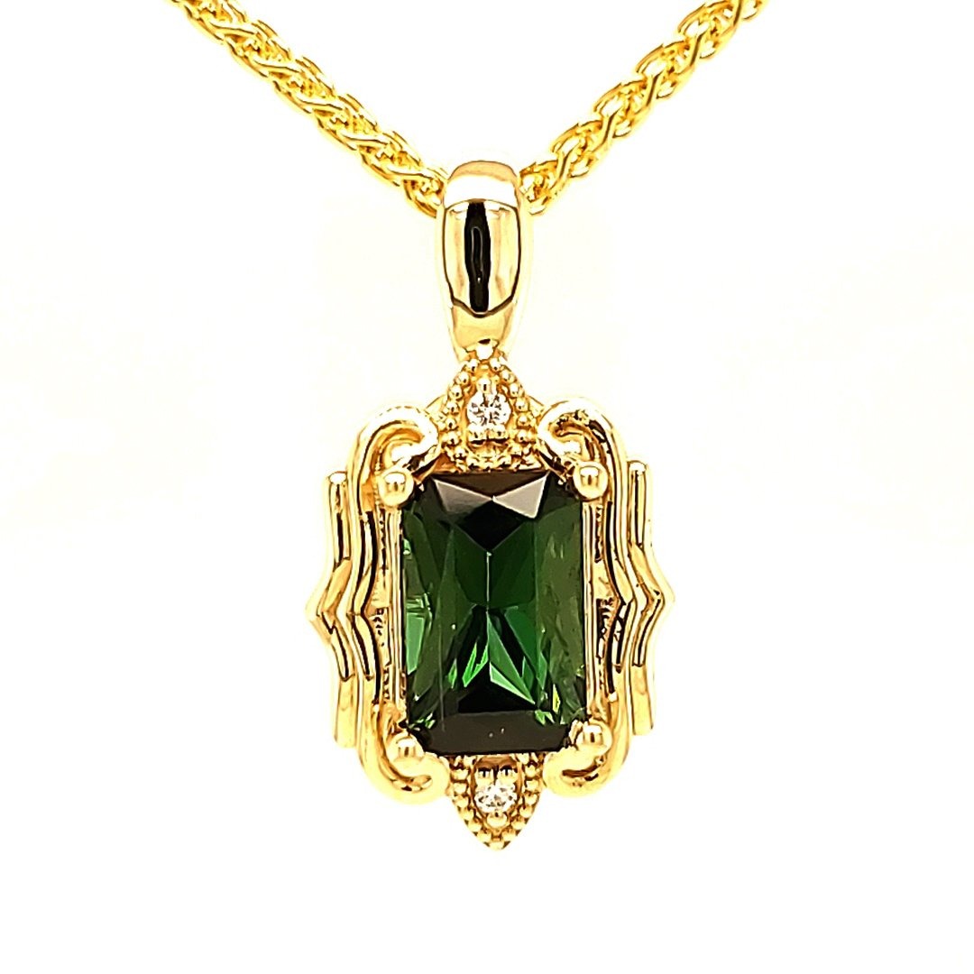 1.74ct Green Tourmaline and Diamond Pendant in 14k Yellow Gold - The Rutile Ltd