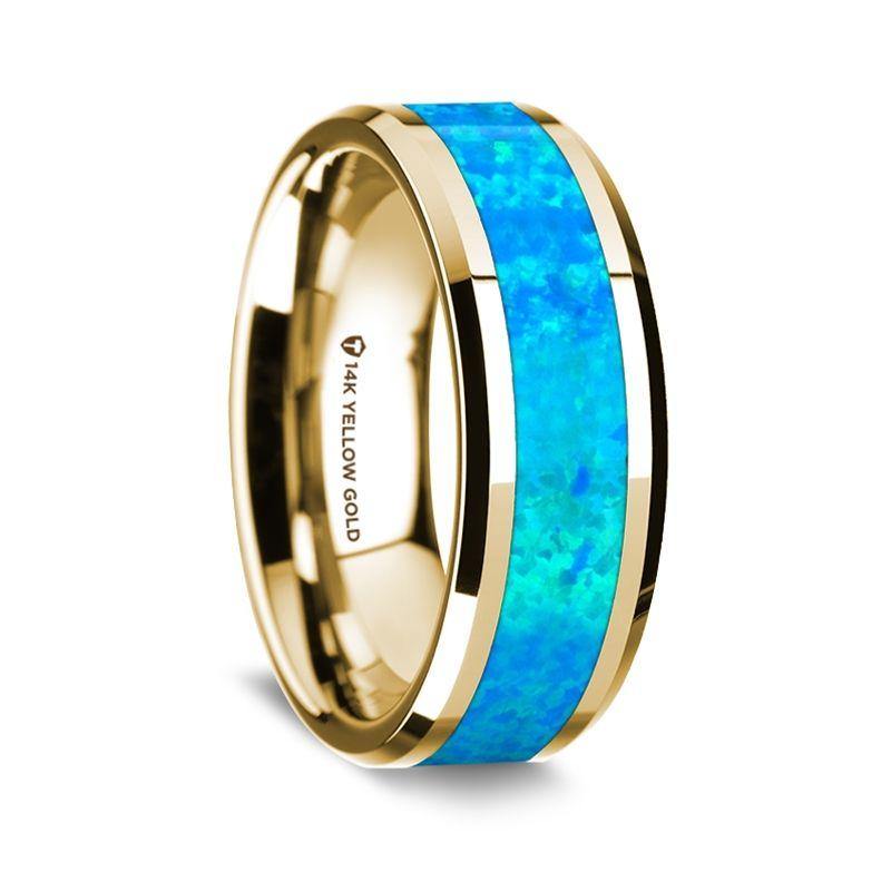 ZENITH - 14K Yellow Gold Polished Beveled Edges Wedding Ring with Blue Opal Inlay - 8 mm - The Rutile Ltd