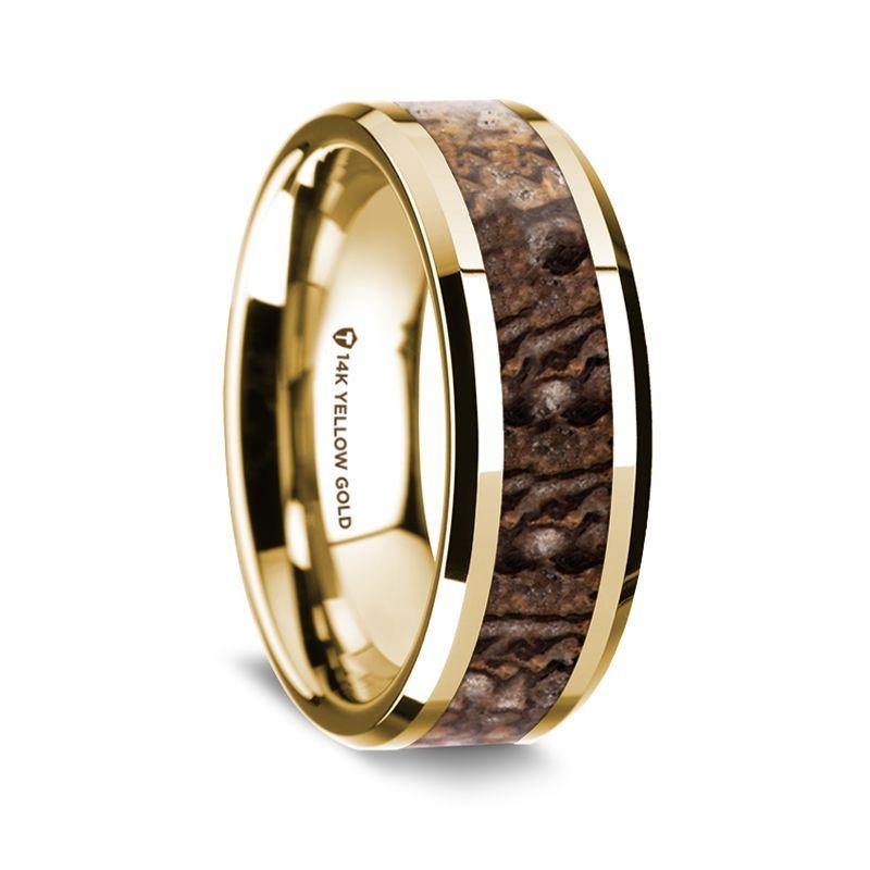 ANCIENZO- 14K Yellow Gold Polished Beveled Edges Wedding Ring with Brown Dinosaur Bone Inlay - 8 mm - The Rutile Ltd