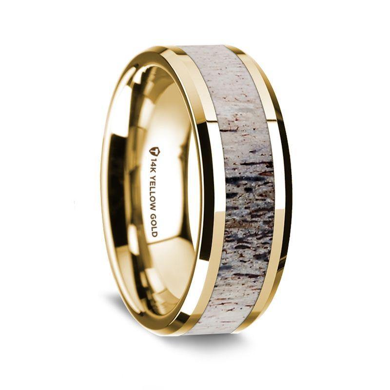 TWYLA - 14K Yellow Gold Polished Beveled Edges Wedding Ring with Ombre Deer Antler Inlay - 8 mm - The Rutile Ltd