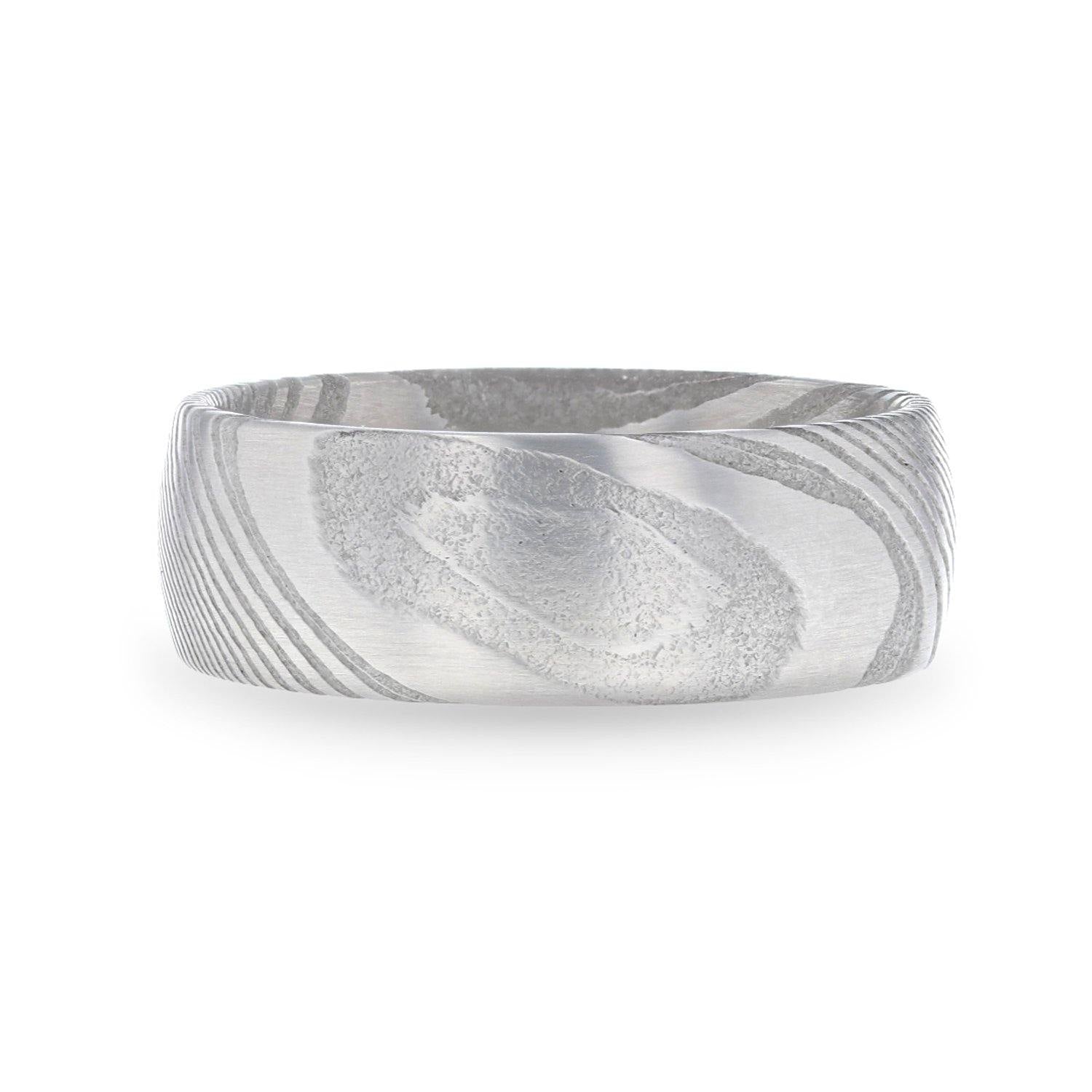 THEON - Domed Brushed Damascus Steel Men’s Wedding Band with A Vivid Etched Design- 6mm & 8mm - The Rutile Ltd