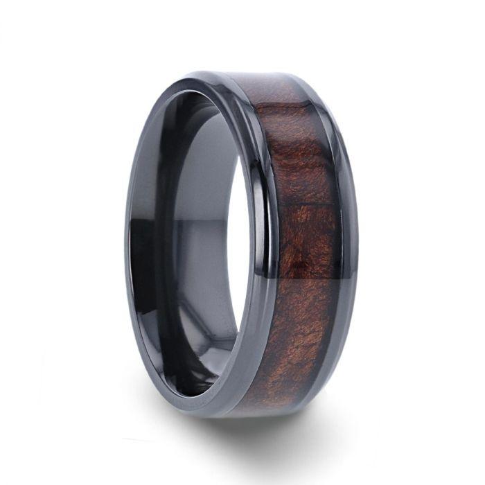 CERISE - Redwood Inlaid Black Ceramic Ring with Beveled Edges - 8mm - The Rutile Ltd