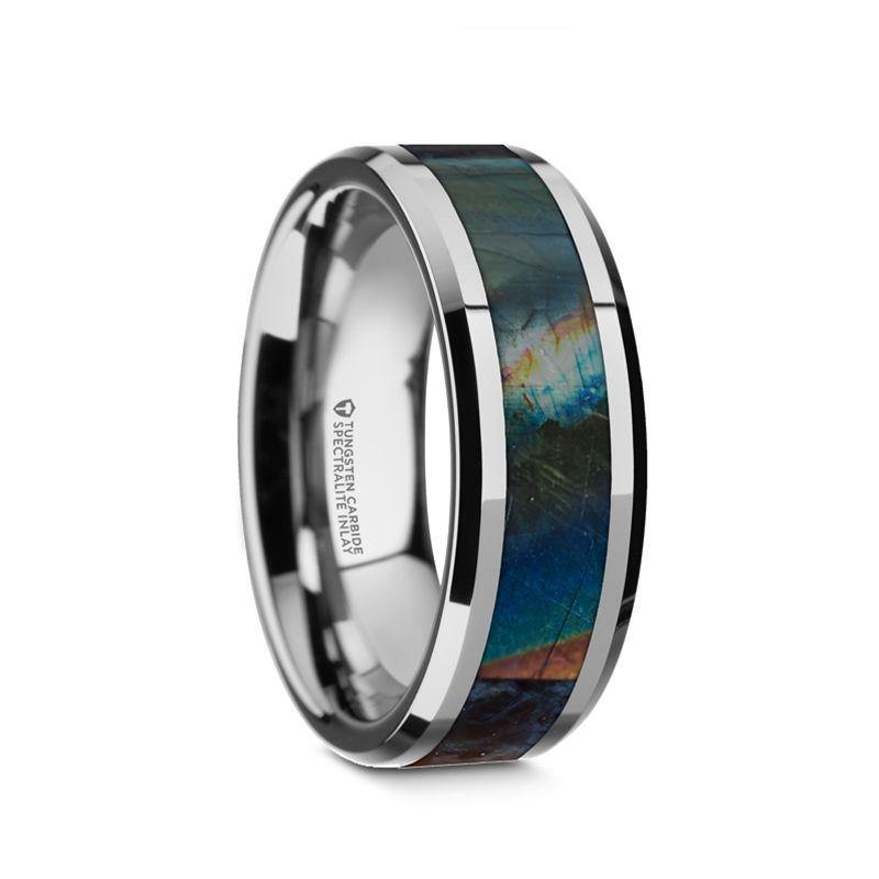 ESSENCE - Beveled Tungsten Carbide Wedding Ring with Spectrolite Inlay Polished Finish - 8mm - The Rutile Ltd