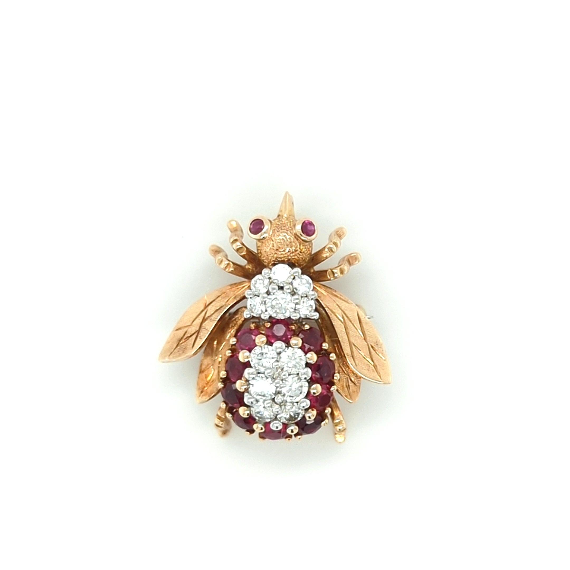Vintage Ruby and Diamond Bee Brooch in 14kt Yellow Gold by Frank J. Golden - The Rutile Ltd