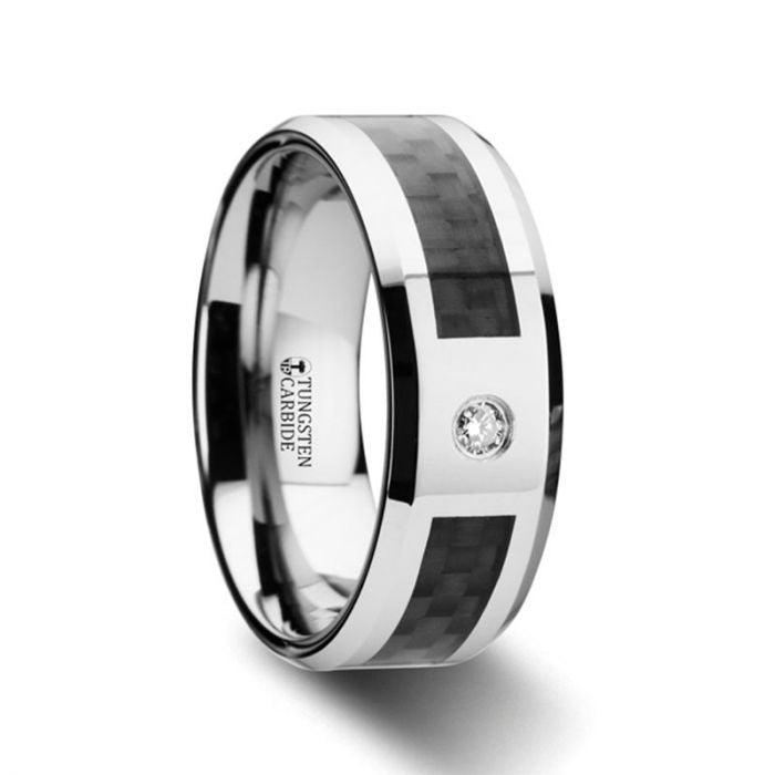CAYMAN - Tungsten Carbide Ring with Black Carbon Fiber and White Diamond Setting with Bevels - 8mm - The Rutile Ltd