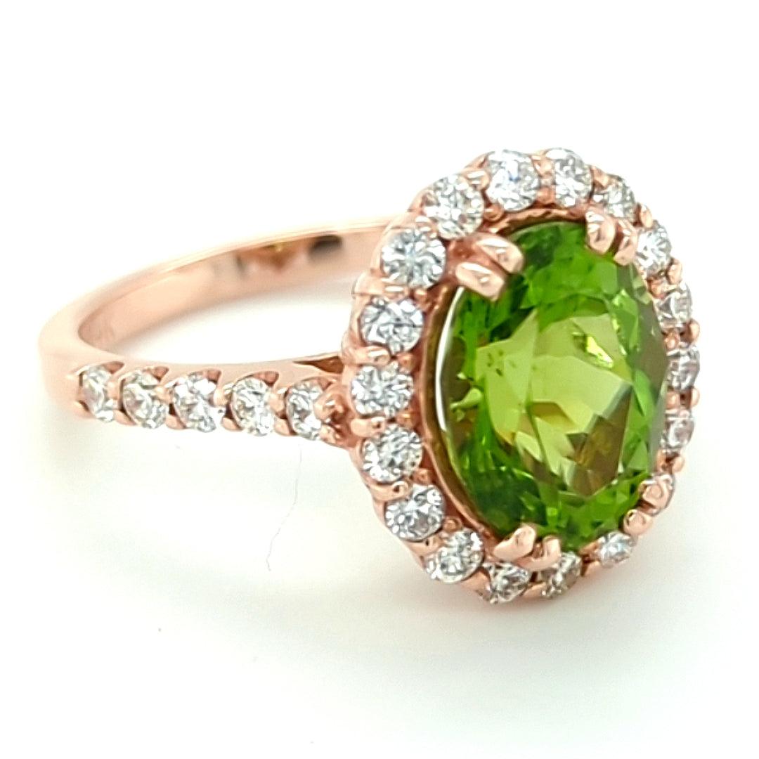 3.18ct Arizona Peridot set in 14kt Halo Ring with 0.83ct of Diamonds - The Rutile Ltd