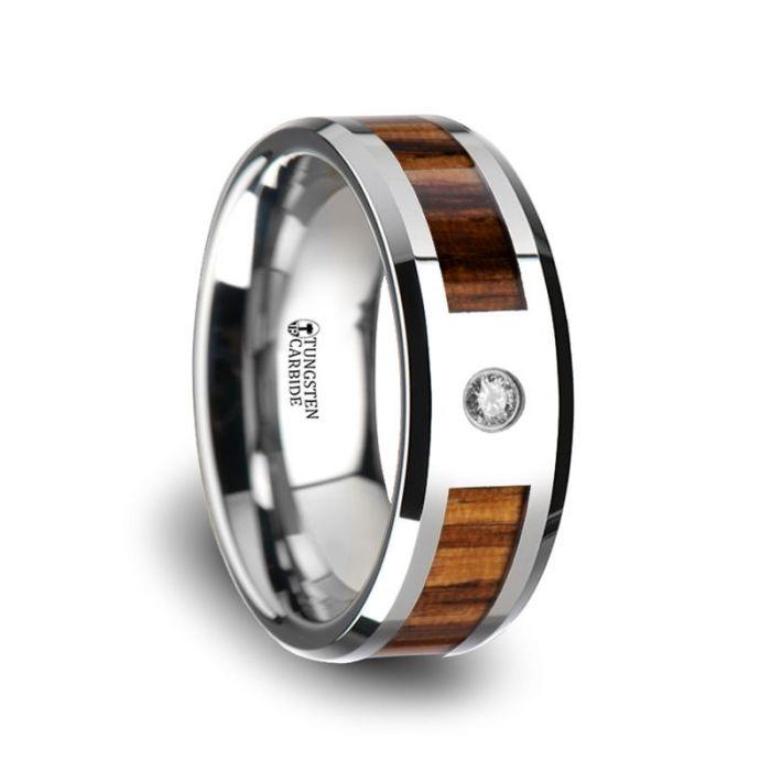 SABER - Tungsten Carbide Diamond Ring with Beveled Edges and Real Zebra Wood Inlay - 8mm - The Rutile Ltd