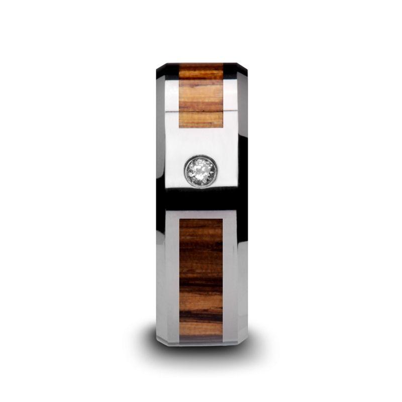 SABER - Tungsten Carbide Diamond Ring with Beveled Edges and Real Zebra Wood Inlay - 8mm - The Rutile Ltd