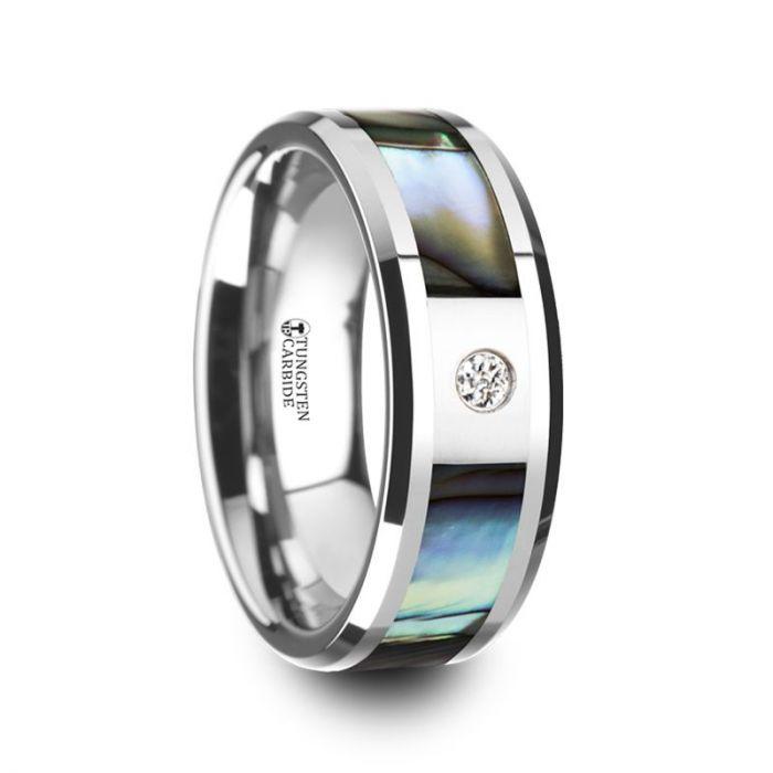HONOLULU - Mother of Pearl Inlay Tungsten Carbide Ring with Beveled Edges and White Diamond - 8mm - The Rutile Ltd