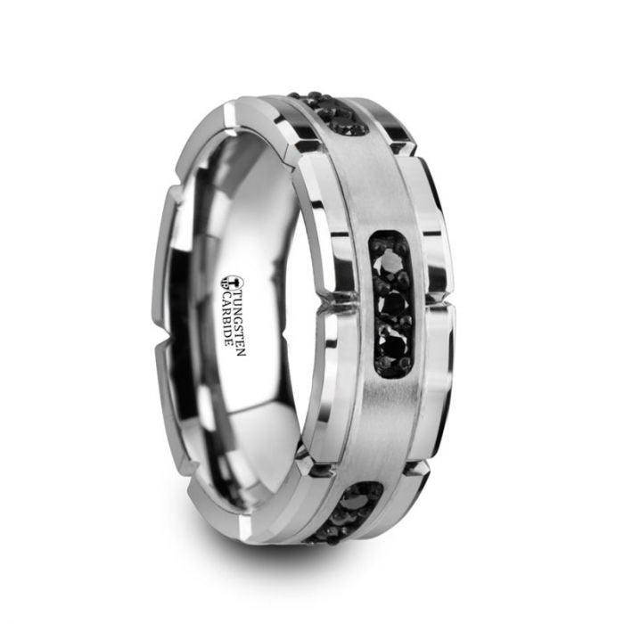 VALOR - Grooved Tungsten Ring with Silver Inlay & Black Diamonds - 8mm - The Rutile Ltd