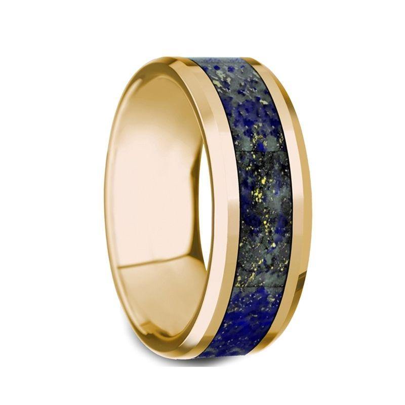 LAZARUS - 14k Yellow Gold Polished Beveled Edges Men’s Wedding Ring with Blue Lapis Lazuli Inlay - 8mm - The Rutile Ltd