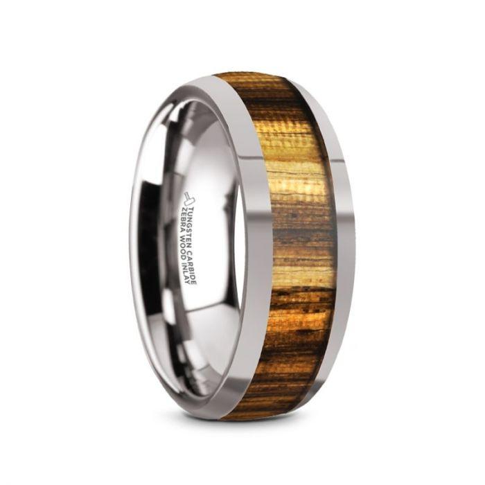 TIGRE - Tungsten Carbide Polished Finish Men’s Domed Wedding Band with Zebra Wood Inlay - 8mm - The Rutile Ltd