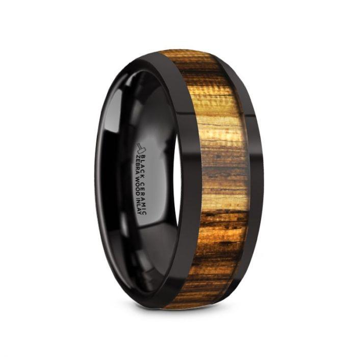 ZERRA - Black Ceramic Polished Finish Men’s Domed Wedding Ring with Zebra Wood Inlay - 8mm - The Rutile Ltd