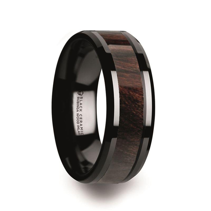BENNY - Black Ceramic Polished Beveled Edges Men’s Wedding Band with Bubinga Wood Inlay - 8mm - The Rutile Ltd