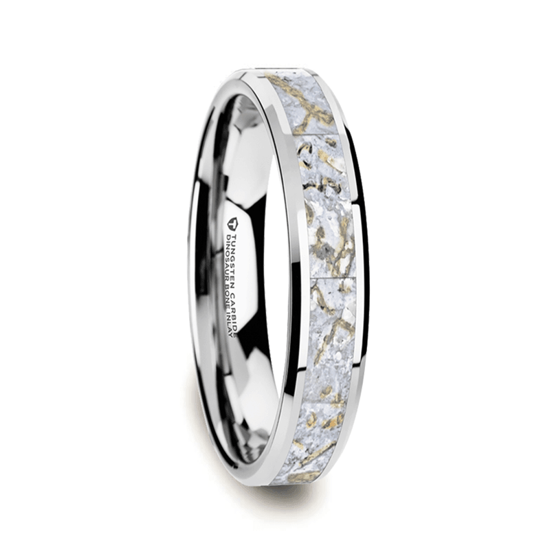 MESOZOIC - Men’s Tungsten Flat Beveled Wedding Ring with White Dinosaur Bone Inlay - 4mm or 8mm - The Rutile Ltd