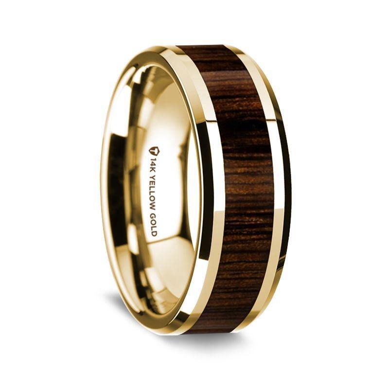 DANTE - 14K Yellow Gold Polished Beveled Edges Wedding Ring with Black Walnut Wood Inlay - 8 mm - The Rutile Ltd