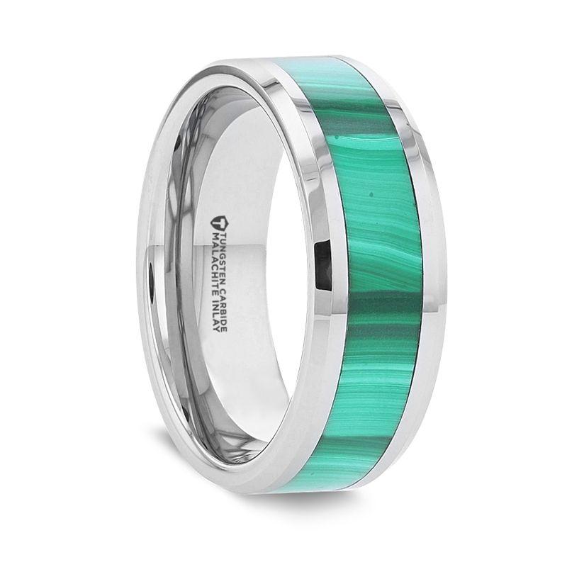 MAHI - Malachite Inlay Tungsten Carbide Ring with Polished Beveled Edges - 8mm - The Rutile Ltd