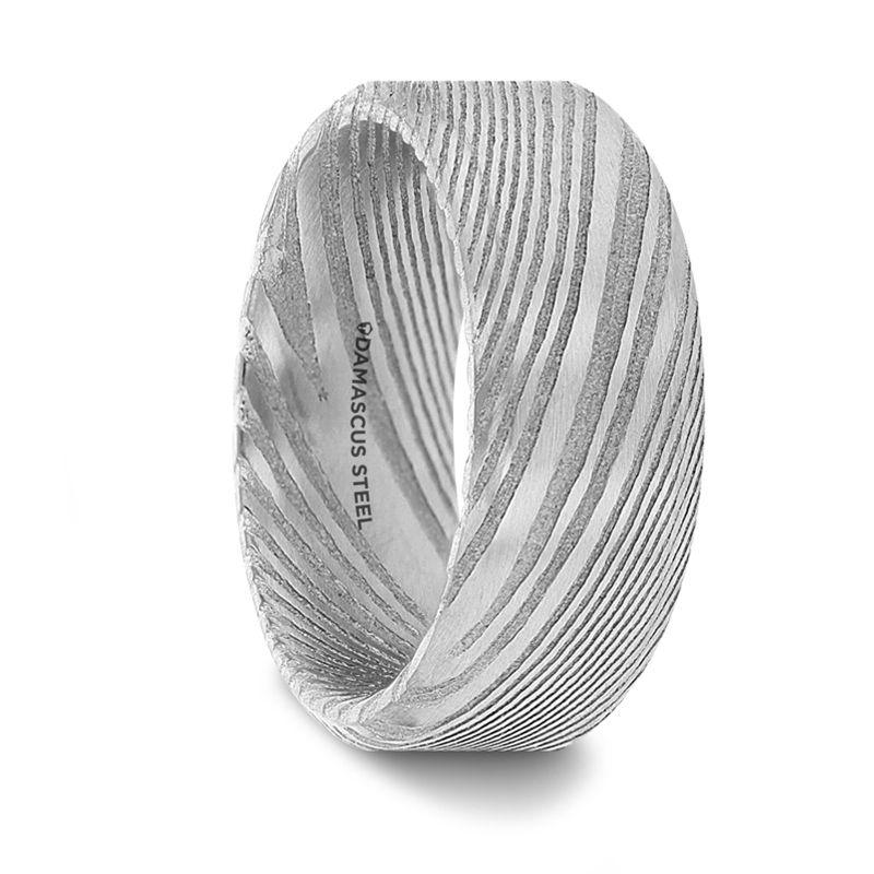 GHOST - Grey Damascus Steel Brushed Beveled Men’s Wedding Band with Repeating Artisan Pattern - 6mm & 8mm - The Rutile Ltd