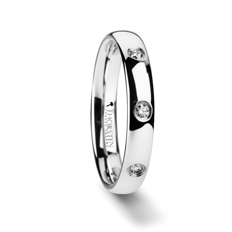 ISABELLA - Domed White Tungsten Wedding Band with 3 Diamonds - 4 mm - The Rutile Ltd