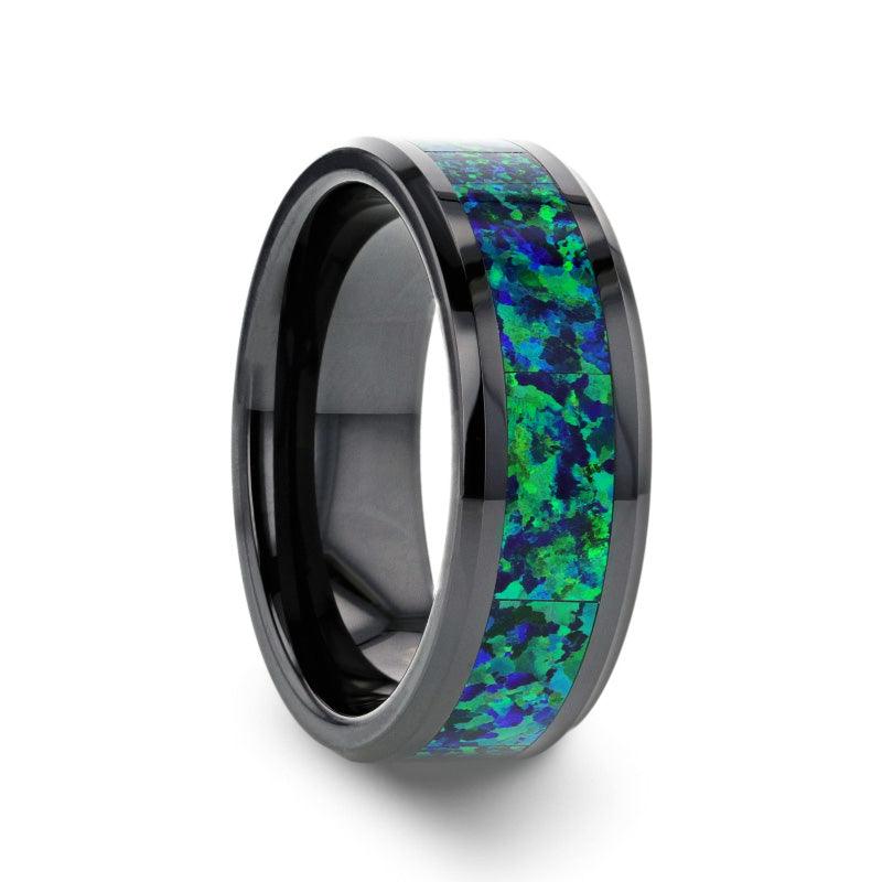 PULSAR - Black Ceramic Wedding Band with Beveled Edges and Emerald Green & Sapphire Blue Color Opal Inlay - 6mm or 8 mm - The Rutile Ltd
