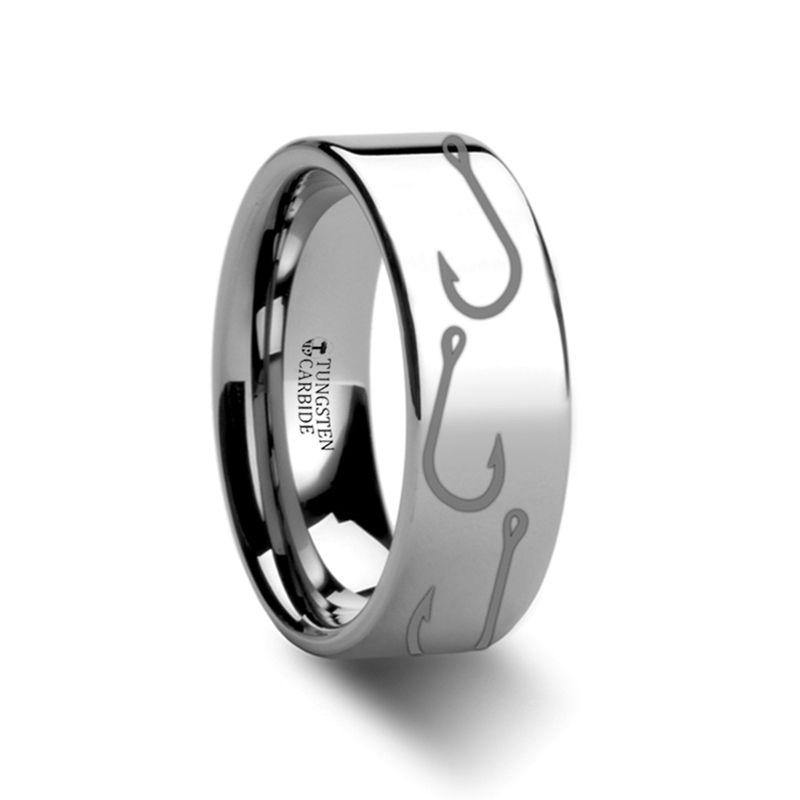 Fishing Hook Pattern Ring Engraved Flat Tungsten Ring - 4mm - 12mm - The Rutile Ltd