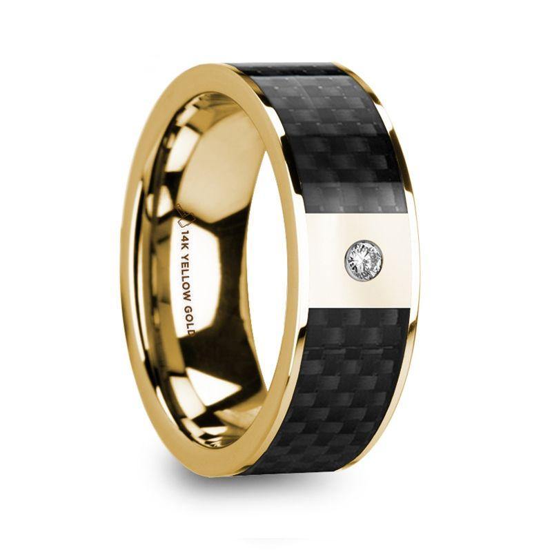ALTAIR - Polished 14K Yellow Gold & Black Carbon Fiber Inlay Men’s Wedding Band with Diamond - 8mm - The Rutile Ltd