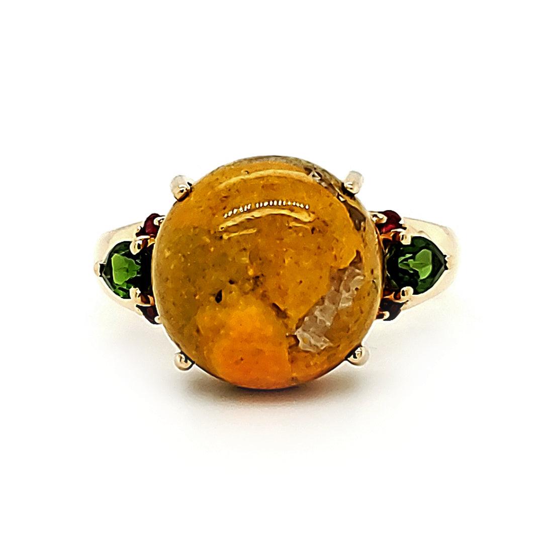 "Bumble" Bumblebee Jasper 14kt Yellow Gold Ring with Chrome Diopside and Ruby - The Rutile Ltd