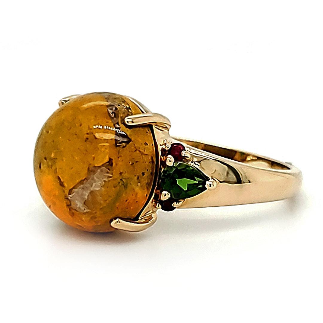 "Bumble" Bumblebee Jasper 14kt Yellow Gold Ring with Chrome Diopside and Ruby - The Rutile Ltd