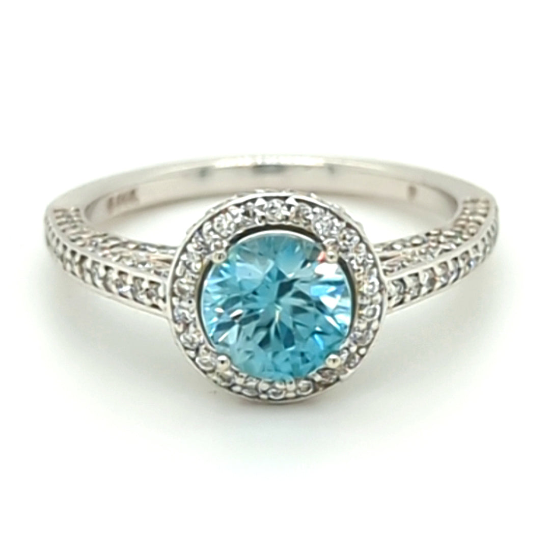Blue Zircon and Diamond Halo Ring in 14kt White Gold