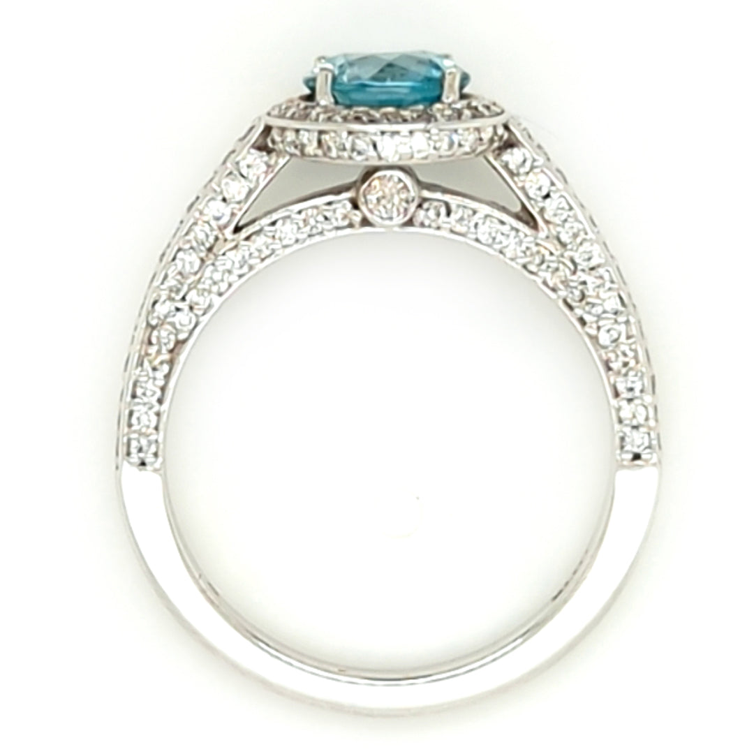 Blue Zircon and Diamond Halo Ring in 14kt White Gold