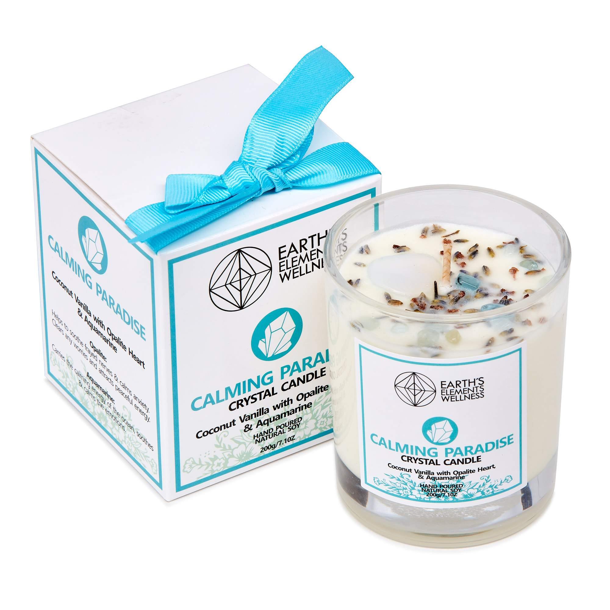 Calming Paradise Crystal Candle - Coconut and Vanilla with an Opalite Heart and Aquamarine in a Hand Poured Natural Soy Candle - The Rutile Ltd