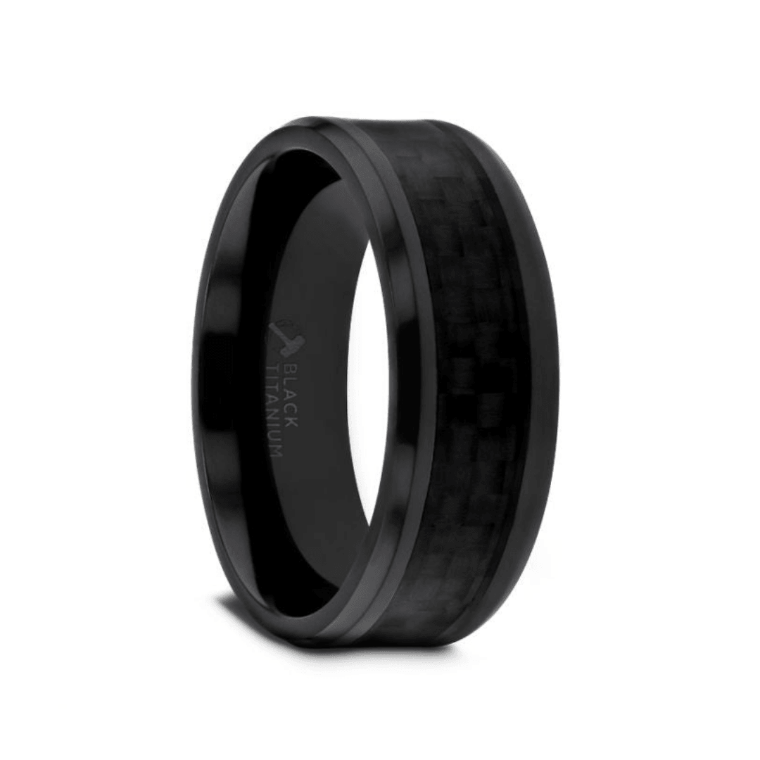 OXYN - Black Titanium Polished Beveled Edges Black Carbon Fiber Inlaid Men’s Wedding Band - The Rutile Ltd