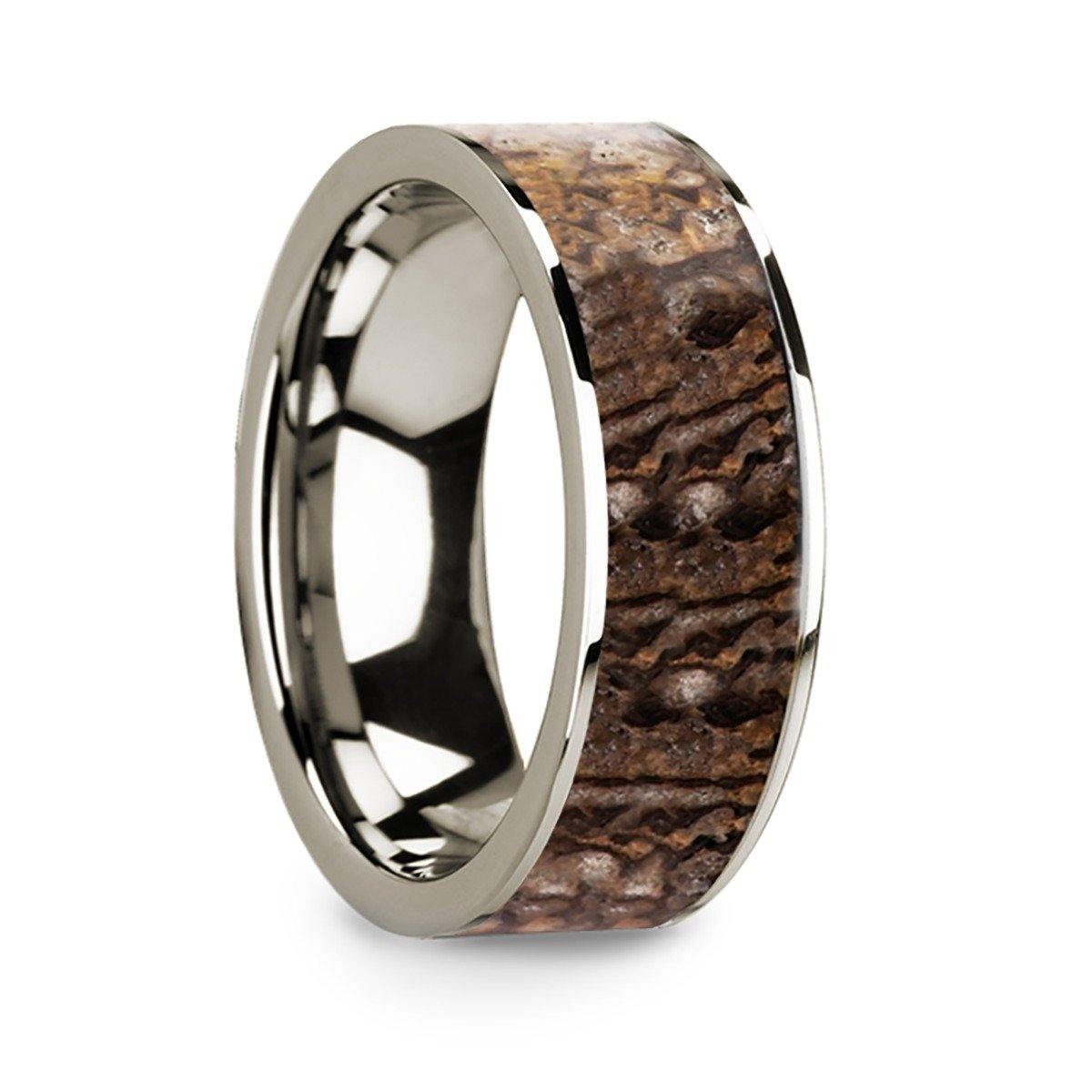 DIENNO - Polished 14k White Gold Men’s Flat Wedding Ring with Brown Dinosaur Bone Inlay - 8mm - The Rutile Ltd