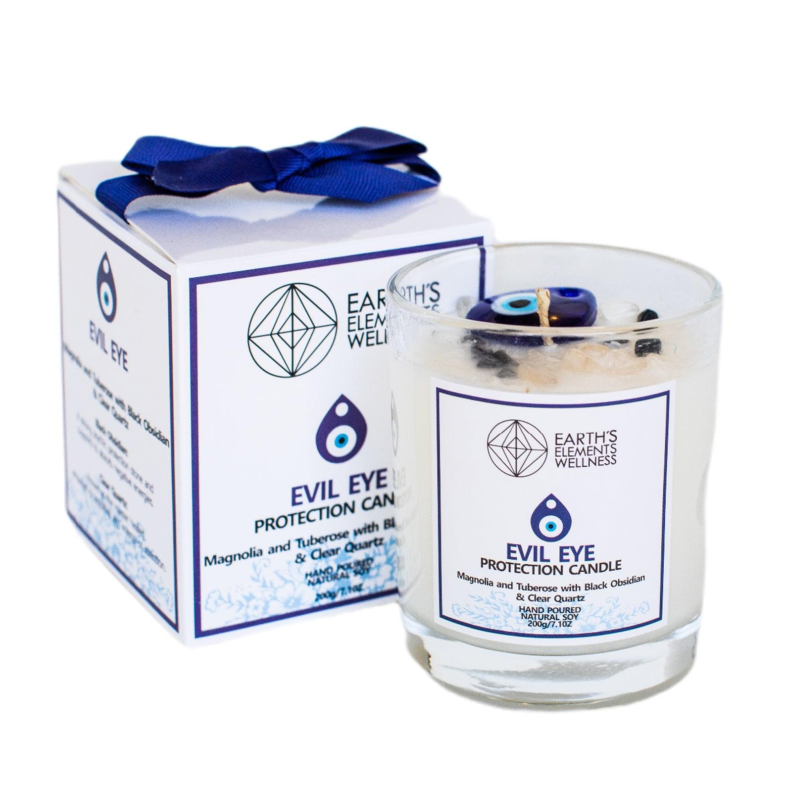 Evil Eye Protection Crystal Candle - Magnolia and Tuberose with Black Obsidian and Clear Quartz - The Rutile Ltd