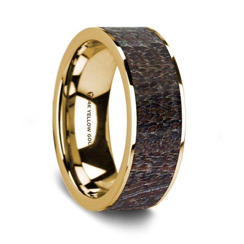 ZACARIA - Flat Polished 14K Yellow Gold Wedding Ring with Dark Deer Antler Inlay - 8 mm - The Rutile Ltd