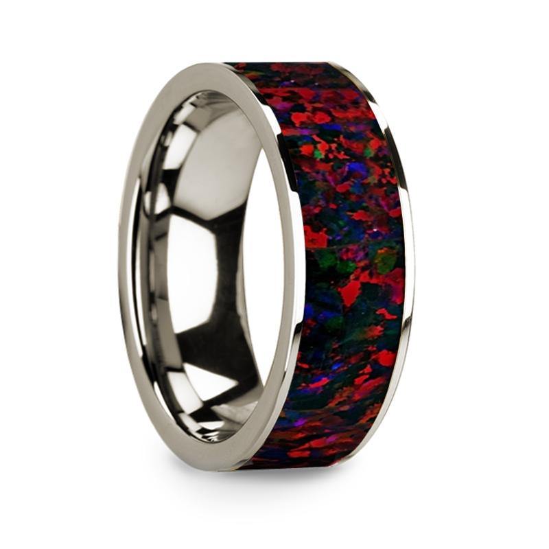 CHIMERA - Flat Polished 14k White Gold Wedding Ring with Black and Red Opal Inlay - 8 mm - The Rutile Ltd