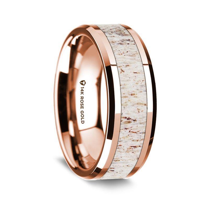 SERA - 14K Rose Gold Polished Beveled Edges Wedding Ring with White Deer Antler Inlay - 8 mm - The Rutile Ltd