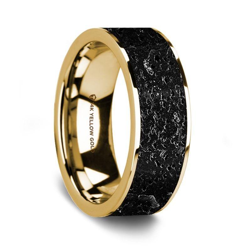 DRACION - Flat Polished 14K Yellow Gold Wedding Ring with Lava Inlay - 8 mm - The Rutile Ltd