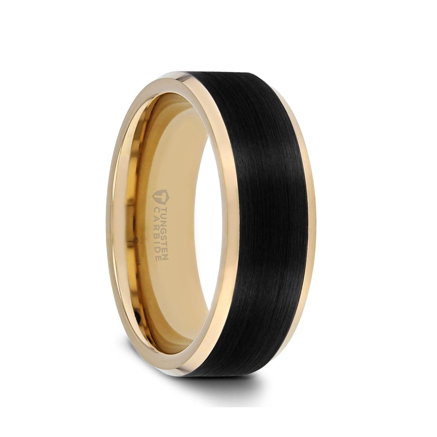 GASTON - Gold Plated Tungsten Polished Beveled Ring with Brushed Black Center - 6mm 8mm - The Rutile Ltd