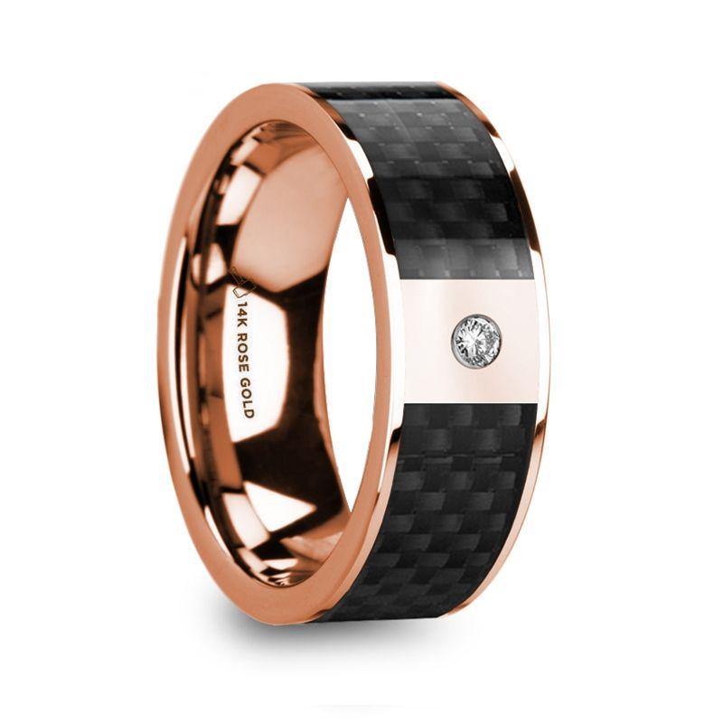 HERMEROS - Black Carbon Fiber Inlaid 14k Rose Gold Polished Ring with Diamond Accent - 8mm - The Rutile Ltd