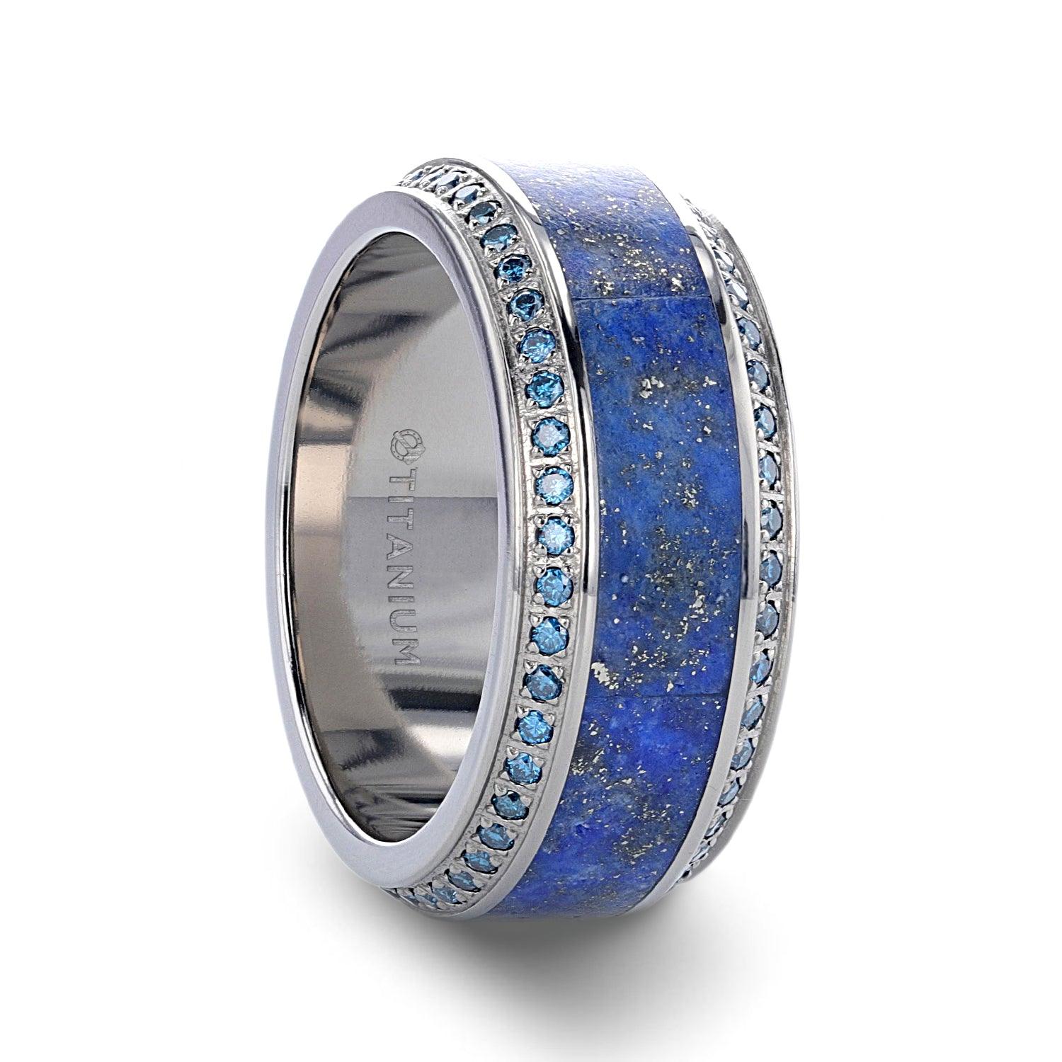HYDRA - Lapis Lazuli Inlaid Titanium Wedding Ring Polished Beveled Edges Set with Round Blue Diamonds - 10mm - The Rutile Ltd