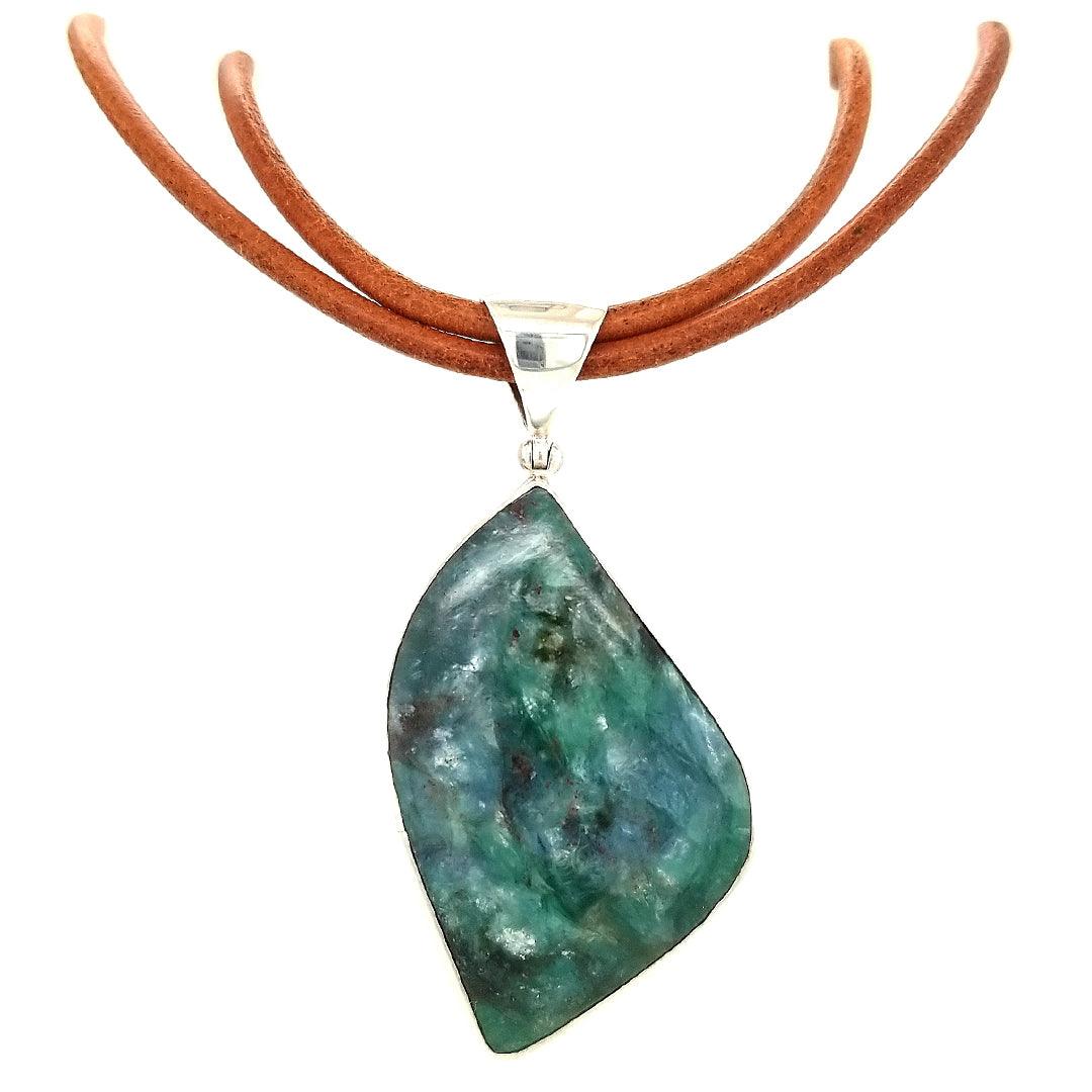“The Veracity” - Green Kyanite Pendant in Sterling Silver on Tan Leather Cord - The Rutile Ltd