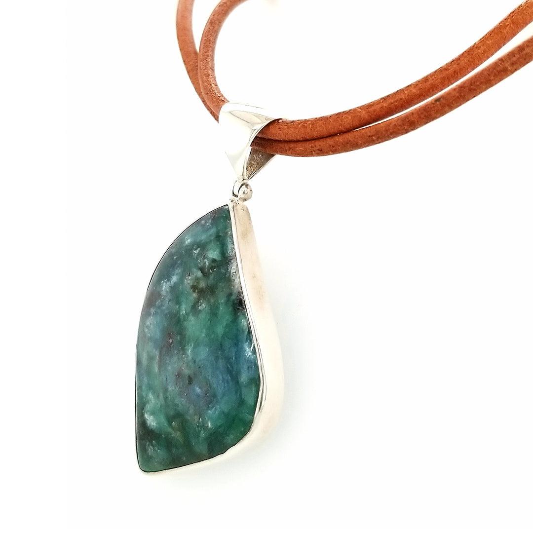 “The Veracity” - Green Kyanite Pendant in Sterling Silver on Tan Leather Cord - The Rutile Ltd