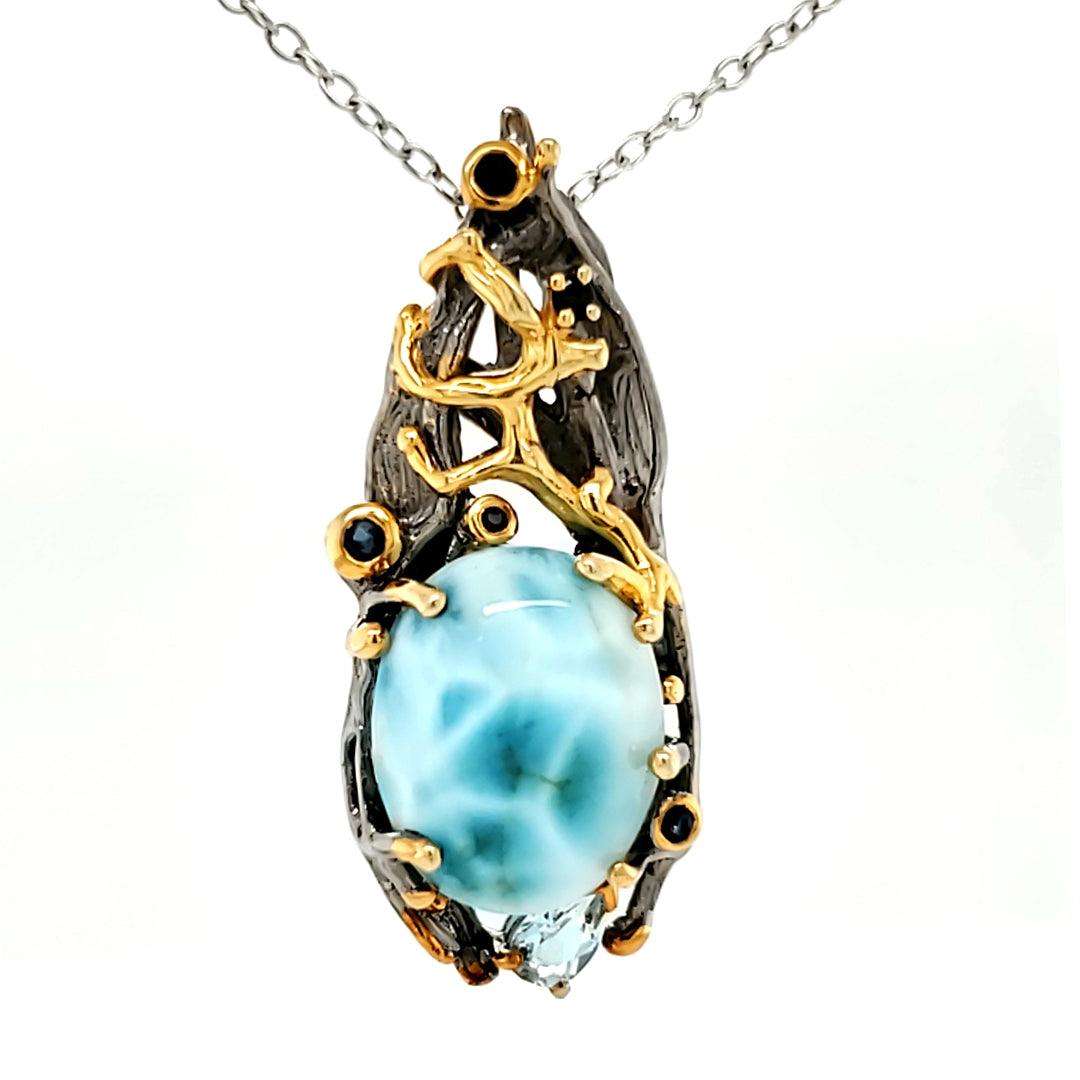 “Hydra” - Larimar, Blue Topaz, & Sapphire Pendant in Sterling Silver - The Rutile Ltd