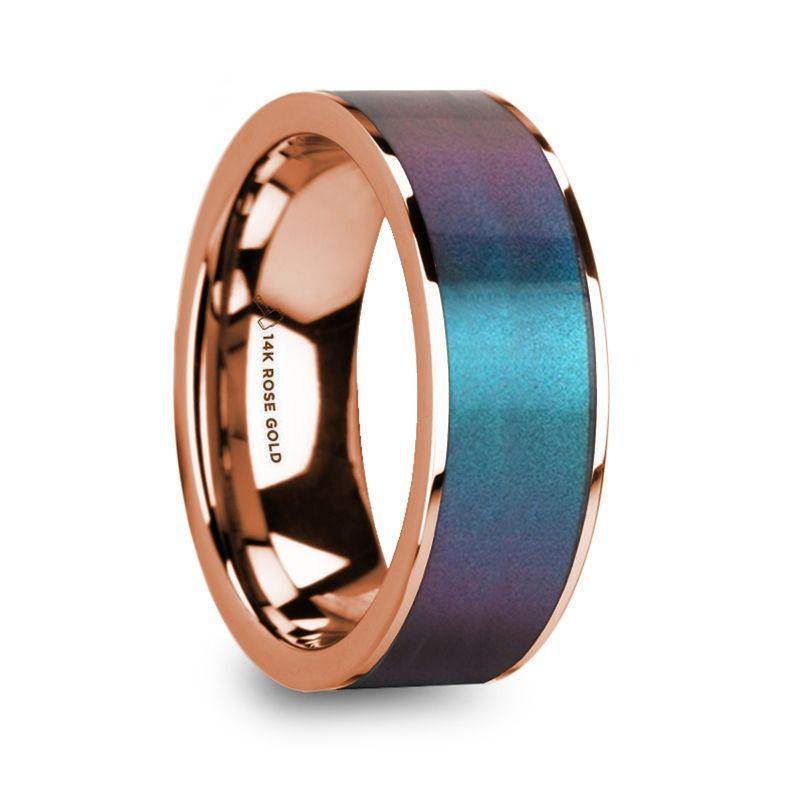 LOUKAS - Blue & Purple Color Changing Inlaid Polished 14k Rose Gold Men’s Wedding Ring - 8mm - The Rutile Ltd